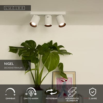 Lucide NIGEL - Deckenstrahler - LED Dim to warm - GU10 - 3x5W 2200K/3000K - Weiß